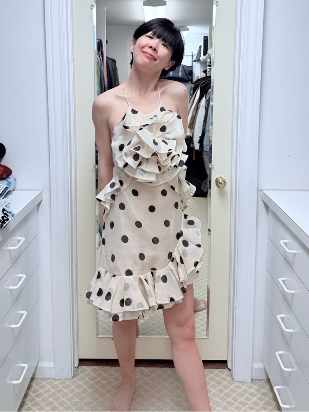 NWOT Zimmermann Polka Dot Ruffle Halter Dress in Cream/Black, Size AU 2 = M